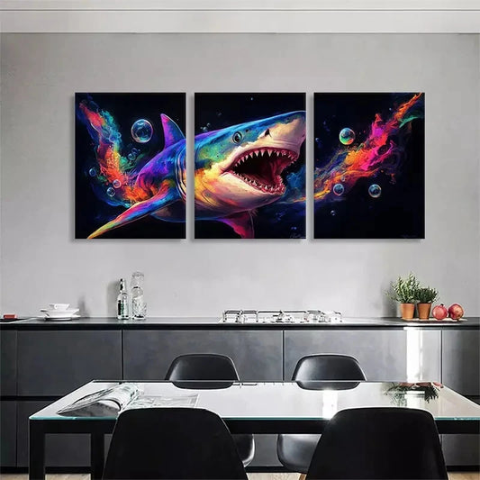 3pcs Colorful Shark Rainbow Splash Perfect Wall Art Set Canvas Framed 40x60cm - High Quality Print 100% Australian Made Wall Canvas Ready to Hang