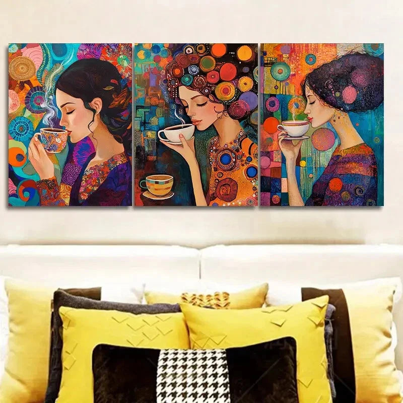3pcs Murals Ladies Drinking Coffee Metal Print Ready to Hang Art