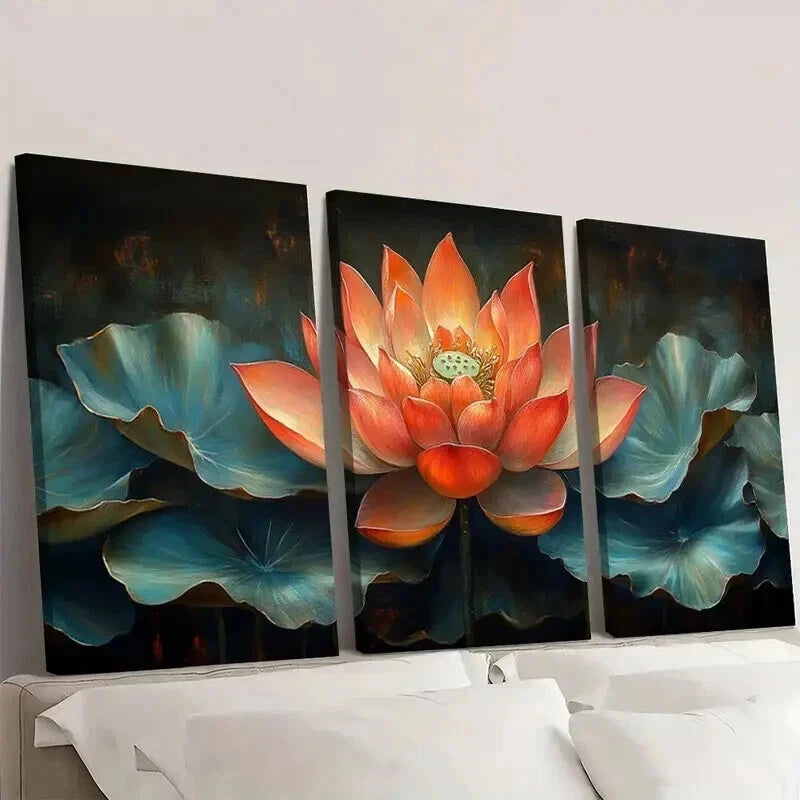 3pcs Pink Lotus Flower with Leaves Design Wall Art Set Canvas Framed 40x60cm - High Quality Print 100% Australian Made Wall Canvas Ready to Hang
