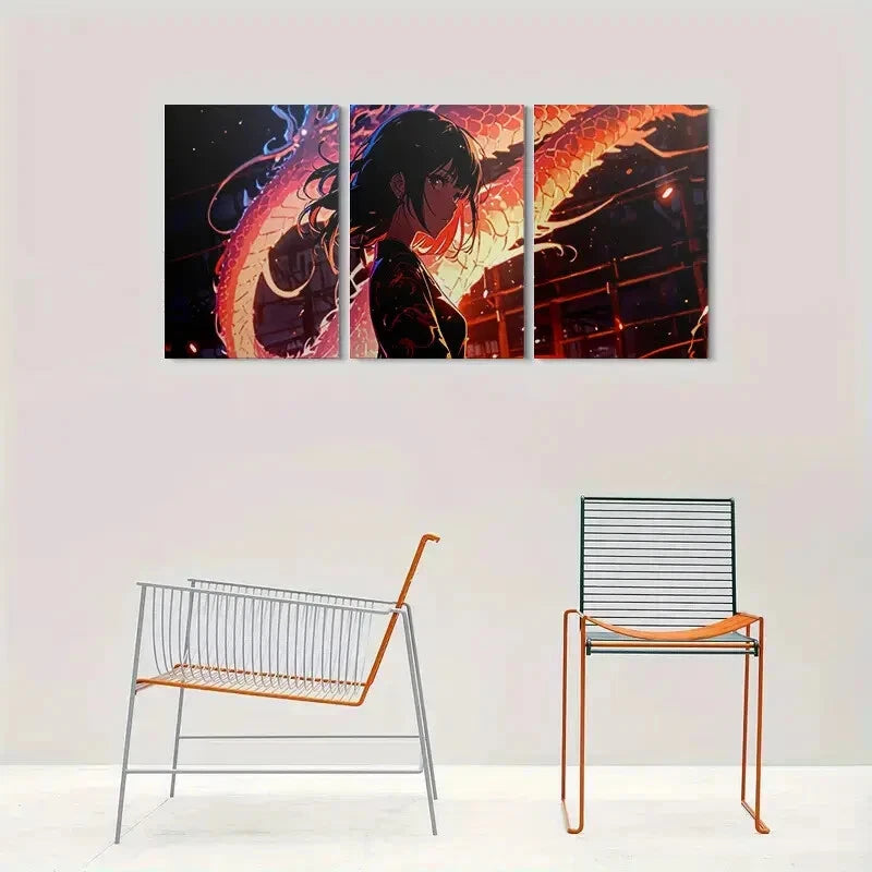 3pcs Vibrant Japanese Style with Black Hair Metal Print Ready to Hang Art