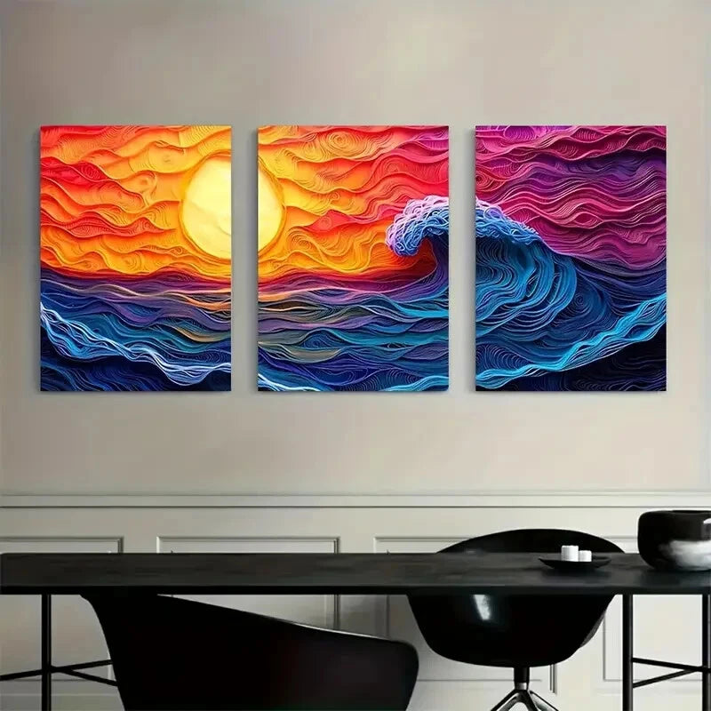 3pcs Vibrant Ocean Sunset Scene with Waves Metal Print Ready to Hang Art