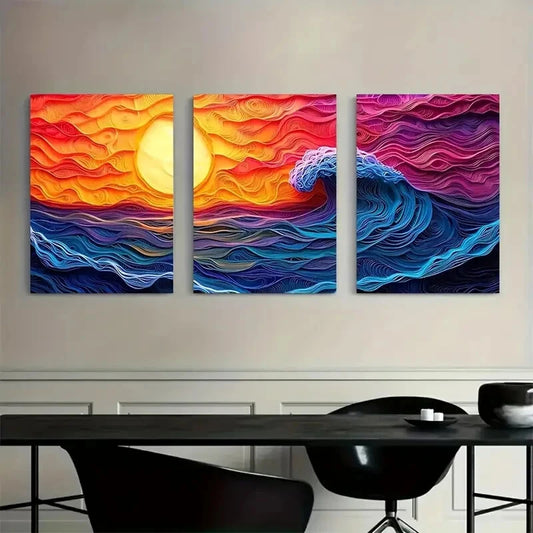 3pcs Vibrant Ocean Sunset Scene with Waves Metal Print Ready to Hang Art