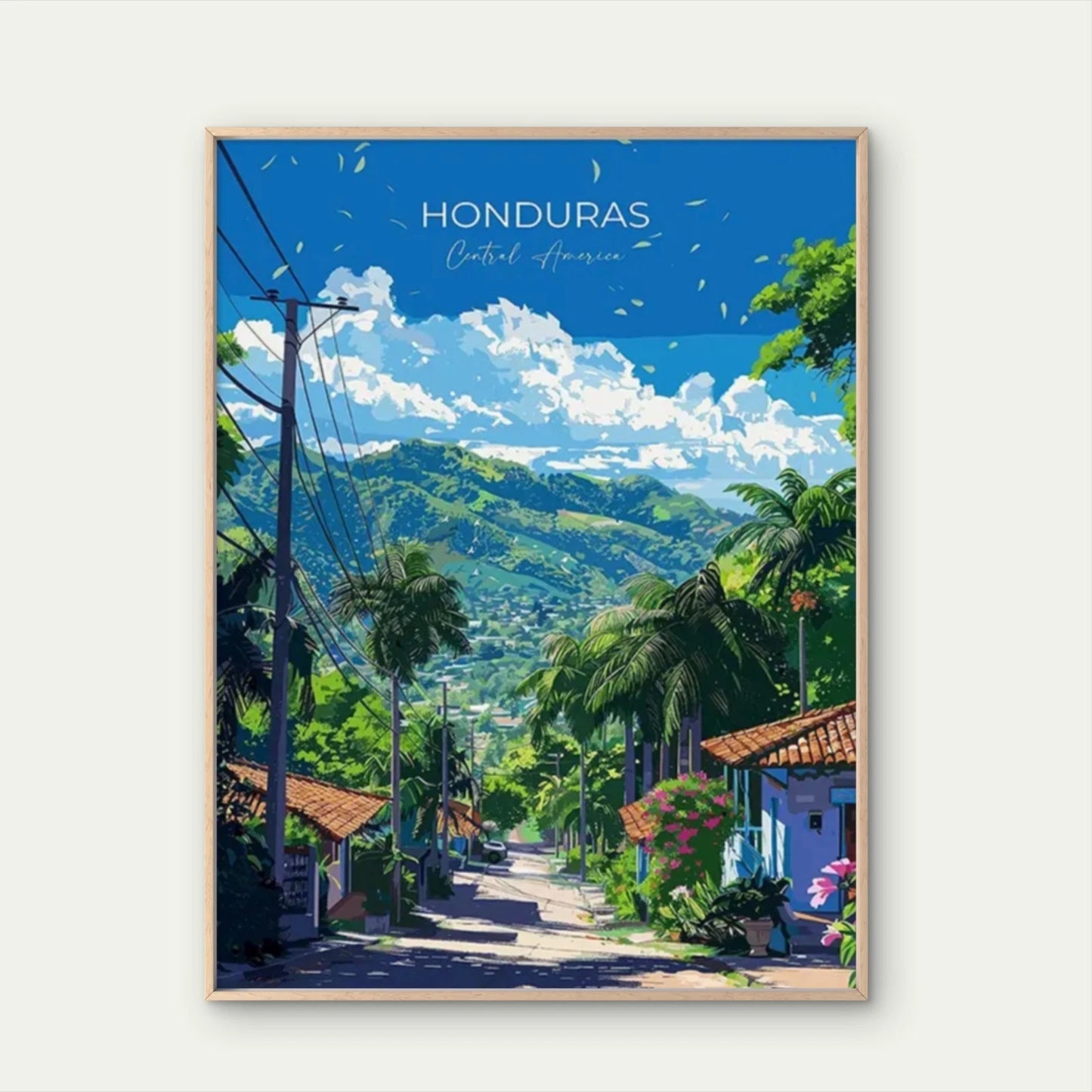 Honduras Landscape Palm Trees & Mountains Travel Poster Print Wall Art