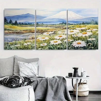 3pcs Daisies and Mount Fuji Scenic Metal Print Ready to Hang Art