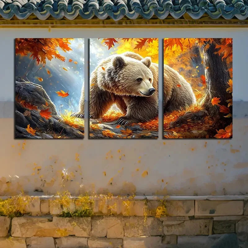 3pcs Bear in Autumnal Forest Scene with Leaves Metal Print Ready to Hang Art