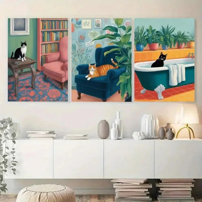 3pcs Bookshelf Armchair Bathtub Houseplants Cat Metal Print Ready to Hang Art