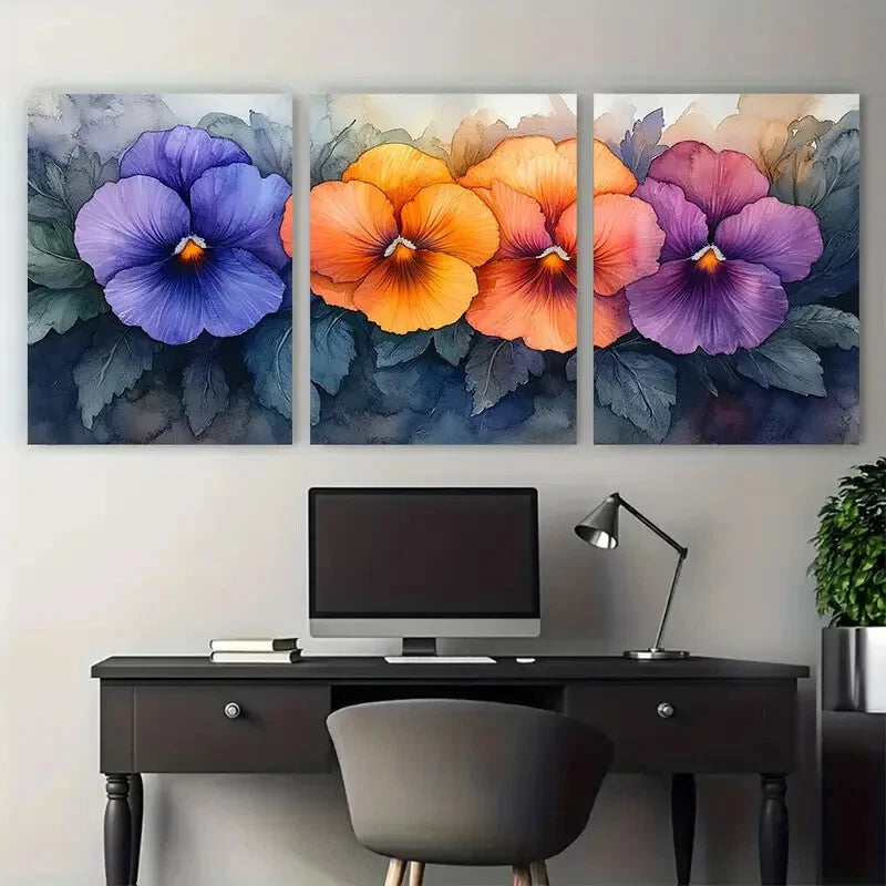 3pcs Vibrant Tricolor Pansy Elegant Floral Metal Print Ready to Hang Art