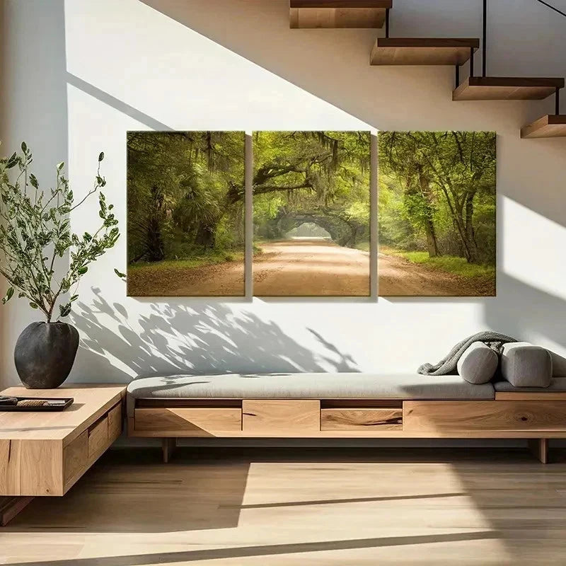 3pcs Serene Sunlit Forest Tree Lined Pathway Wall Art Set Canvas Framed 40x60cm - High Quality Print 100% Australian Made Wall Canvas Ready to Hang