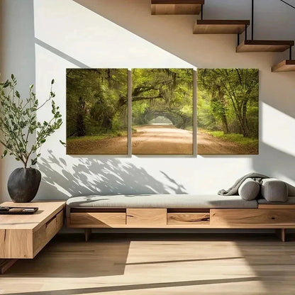 3pcs Serene Sunlit Forest Tree Lined Pathway Wall Art Set Canvas Framed 40x60cm - High Quality Print 100% Australian Made Wall Canvas Ready to Hang