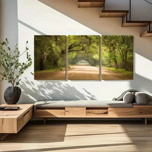 3pcs Serene Sunlit Forest Tree Lined Pathway Wall Art Set Canvas Framed 40x60cm - High Quality Print 100% Australian Made Wall Canvas Ready to Hang