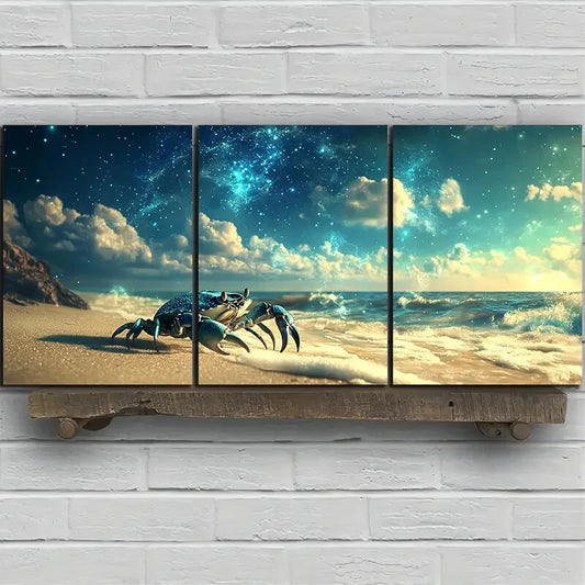 3pcs Crabs on The Beach White Clouds Metal Print Ready to Hang Art