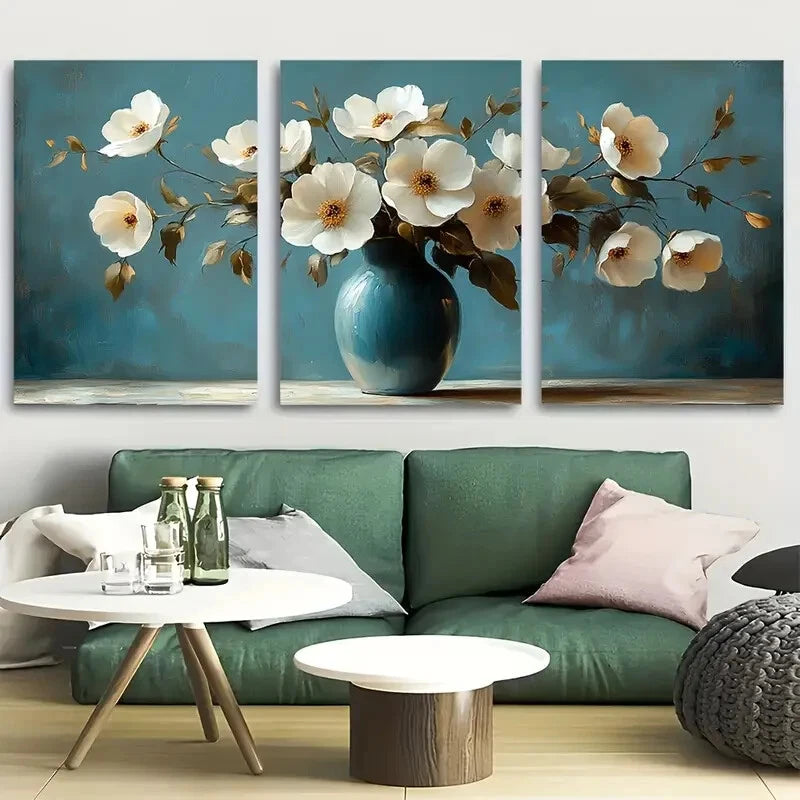 3pcs Botanical White Flowers in Vase Metal Print Ready to Hang Art