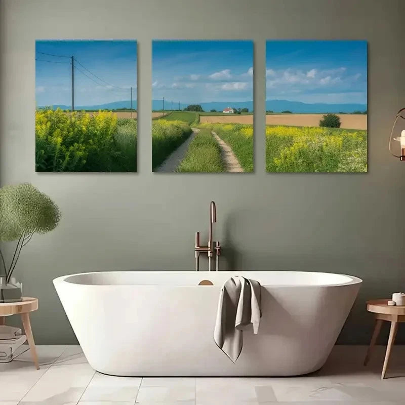 3pcs Serene Countryside Scene with Blue Sky Metal Print Ready to Hang Art