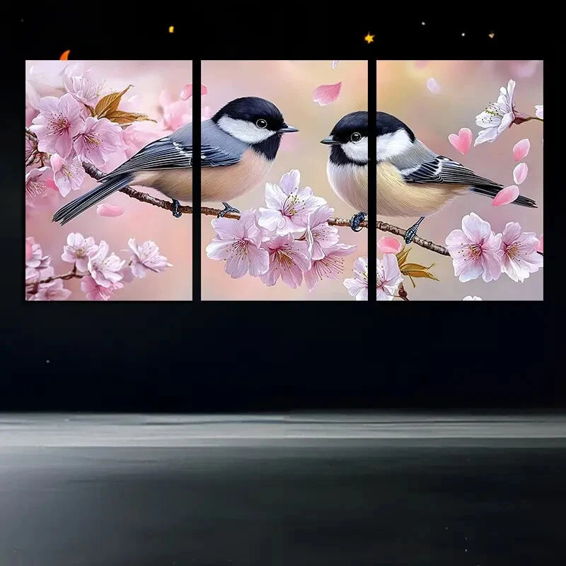 3pcs Vibrant Birds on Pink Floral Branches Scene Metal Print Ready to Hang Art