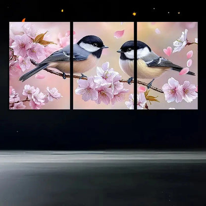 3pcs Vibrant Birds on Pink Floral Branches Scene Metal Print Ready to Hang Art