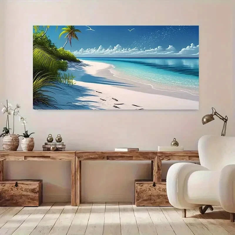 Modern White Sandy Beach wall canvas office home room framed 120x60cm - Bella Home Decor