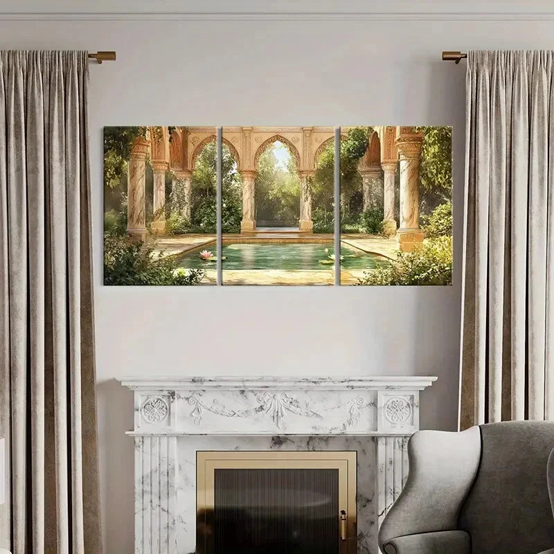 3pcs Retro Architecture Serene Garden Painting Metal Print Ready to Hang Art