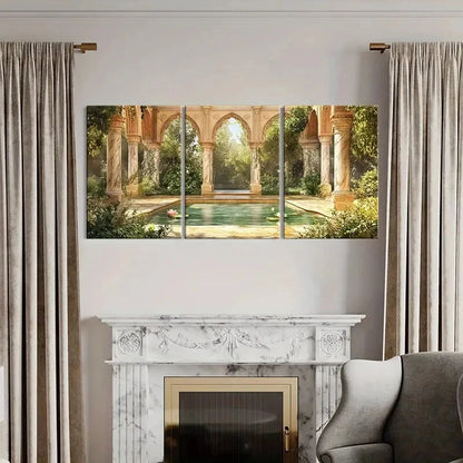 3pcs Retro Architecture Serene Garden Painting Metal Print Ready to Hang Art