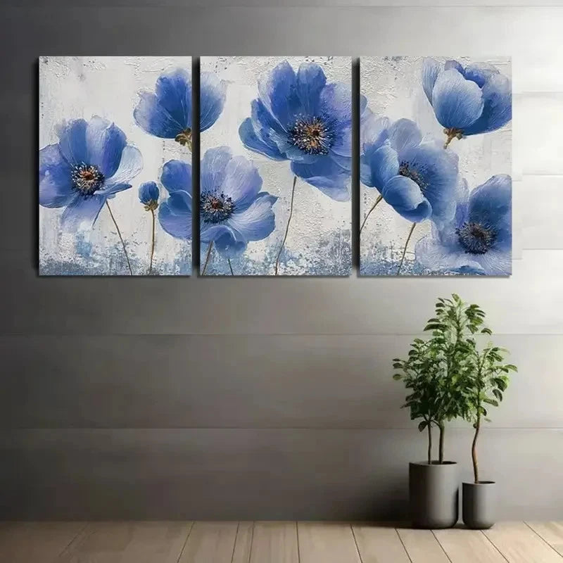3pcs Blue Floral Design with Golden Accents Metal Print Ready to Hang Art
