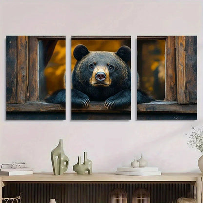 3pcs Rustic Black Bear Charming Animal Eyes Window Metal Print Ready to Hang Art