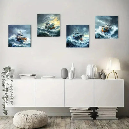 4pcs Dramatic Fishing Boat BattlingWall Art Canvas Framed