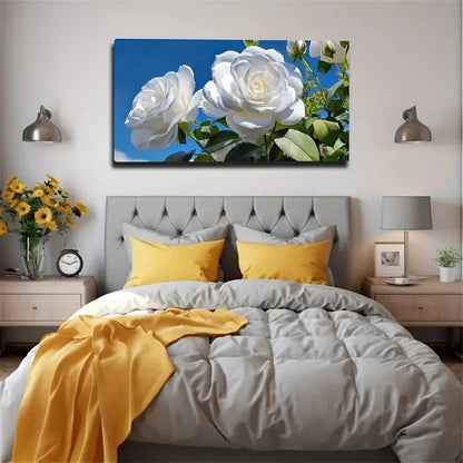 Blue Sky With White Roses Wall Art Canvas Office Home Room Framed 120x60cm