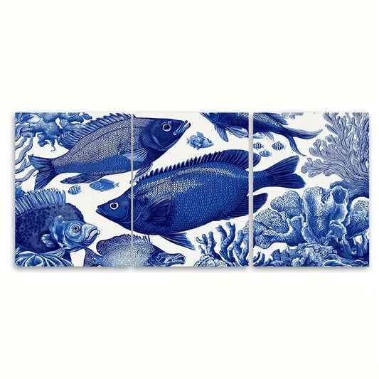3pcs Marine Life Illustration Beach House Metal Print Ready to Hang Art