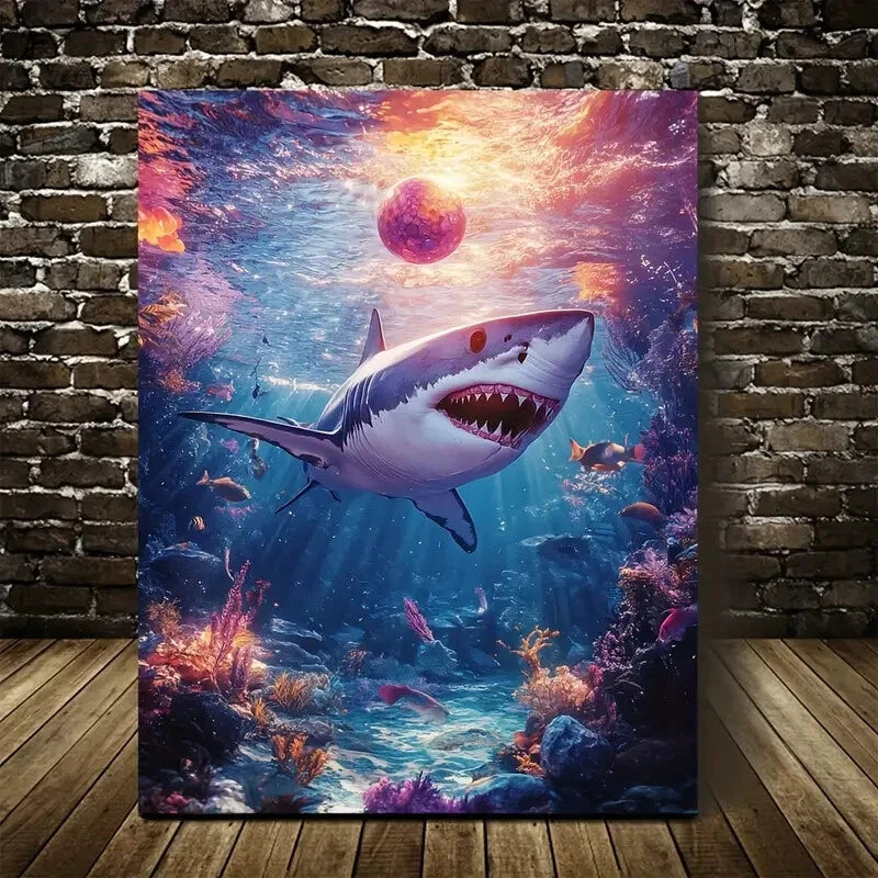 Vibrant Shark with Ball Underwater Scene Painting  40x60cm Metal Print Ready to Hang