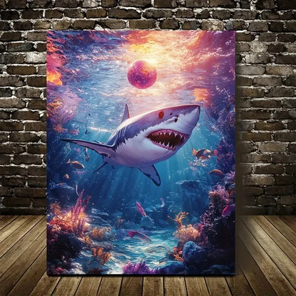 Vibrant Shark with Ball Underwater Scene Painting  40x60cm Metal Print Ready to Hang