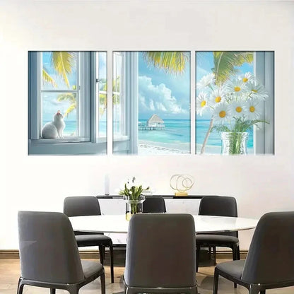 3pcs Coastal Tropical Beach & Palm Tree Prints Metal Print Ready to Hang Art