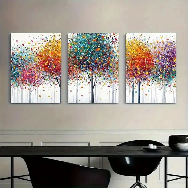3pcs Vibrant Abstract Tree Painting with Colorful Metal Print Ready to Hang Art