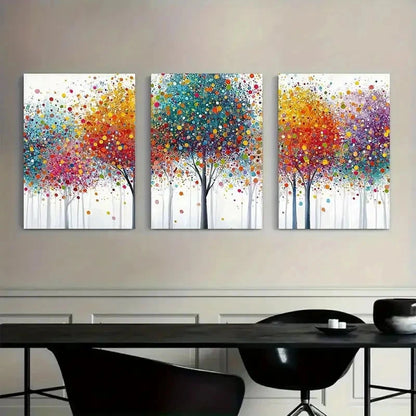 3pcs Vibrant Abstract Tree Painting with Colorful Metal Print Ready to Hang Art