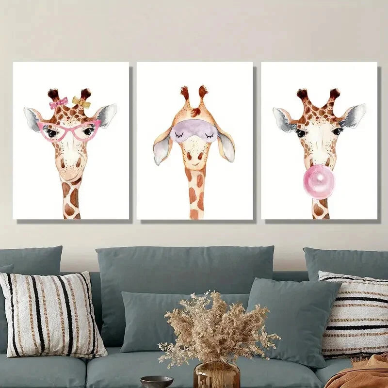 3pcs , Cartoon cute watercolor funny giraffe Metal Print Ready to Hang Art