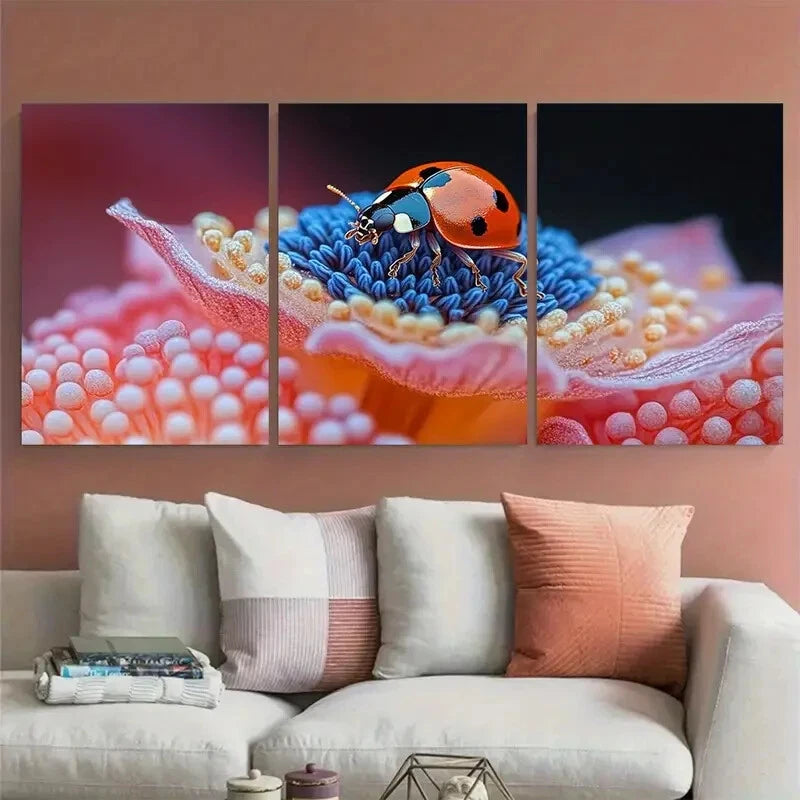 3pcs Anemone Flower with Curious Ladybug Metal Print Ready to Hang Art