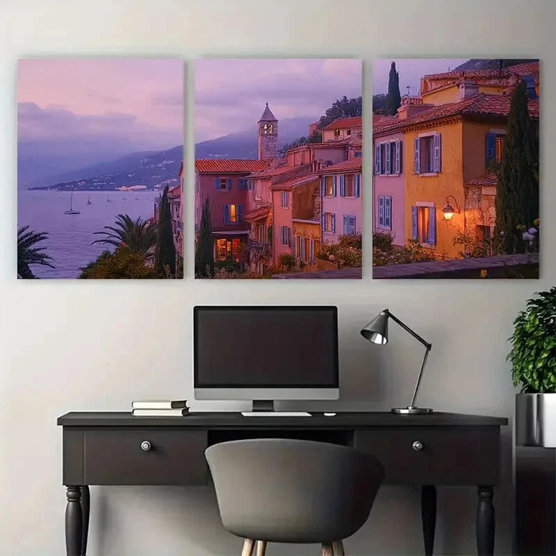 3pcs Mediterranean Coastal Village at Dawn Metal Print Ready to Hang Art