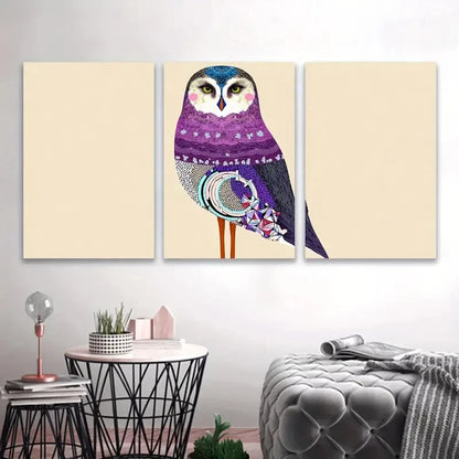 3pcs Vibrant Owl In Purple And Blue Wall Art Set Canvas Framed 50x70cm - High Quality Print 100% Australian Made Wall Canvas Ready to Hang