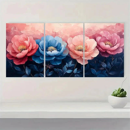 3pcs Pink and Blue Peony Petals Flower Art Metal Print Ready to Hang Art
