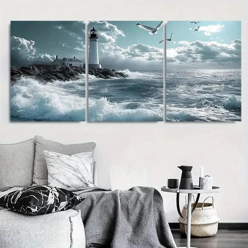 3pcs Tranquil Lighthouse & Ocean Waves Metal Print Ready to Hang Art