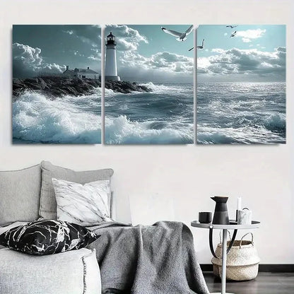 3pcs Tranquil Lighthouse & Ocean Waves Metal Print Ready to Hang Art