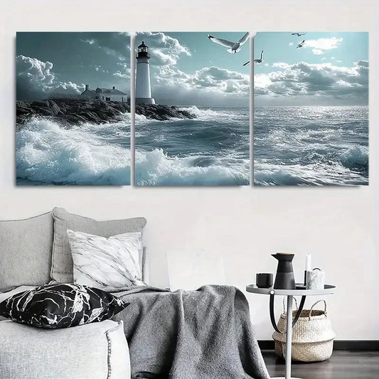 3pcs Tranquil Lighthouse & Ocean Waves Metal Print Ready to Hang Art