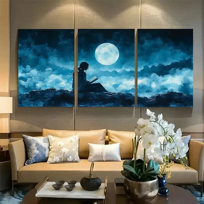 3pcs Woman Reading Book In Clouds Moonlight Metal Print Ready to Hang Art