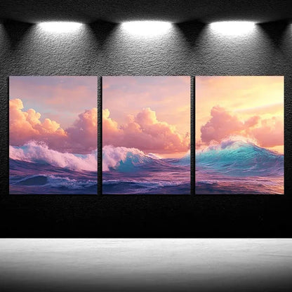3pcs Vibrant Beautiful Sky and Ocean Waves Metal Print Ready to Hang Art