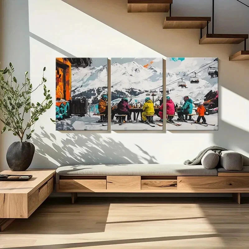 3pcs Snowy Mountains Ski Resort Cable Cars Metal Print Ready to Hang Art