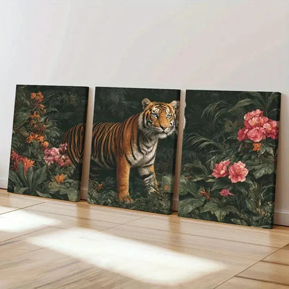 3pcs Tiger in Bloom Canvas  wall Art Set Canvas Framed 40x60cm - High Quality Print 100% Australian Made Wall Canvas Ready to Hang