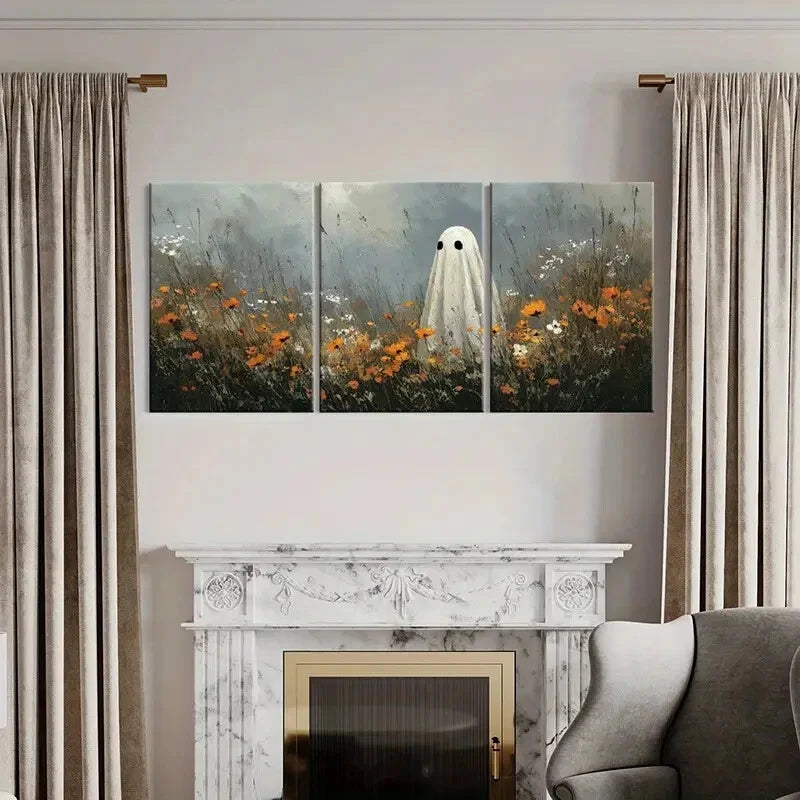 3pcs Artistic Ghost Figure Floral Field Mysterious Metal Print Ready to Hang Art