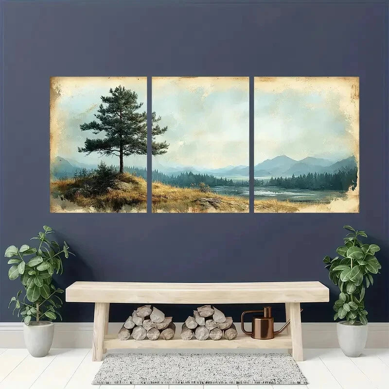 3pcs Vintage Pine Tree Panoramic Landscape Metal Print Ready to Hang Art