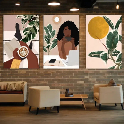 3pcs Dark Woman Coffee & Tropical Leaves Metal Print Ready to Hang Art