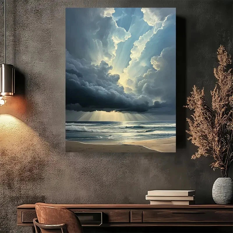 Beautiful Ocean Rays Of Light Vibrant Beach Painting 40x60cm Metal Print Ready to Hang
