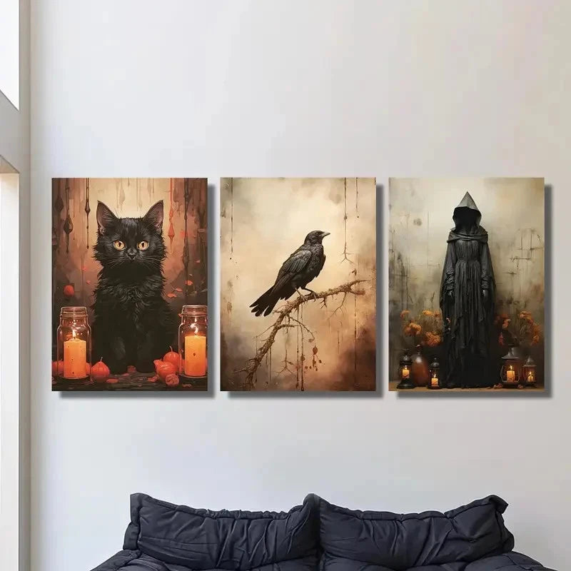 3pcs Gothic Halloween Black Cat Crow & Witch Metal Print Ready to Hang Art