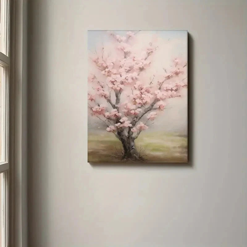Painting of a cherry blossom tree on a wall